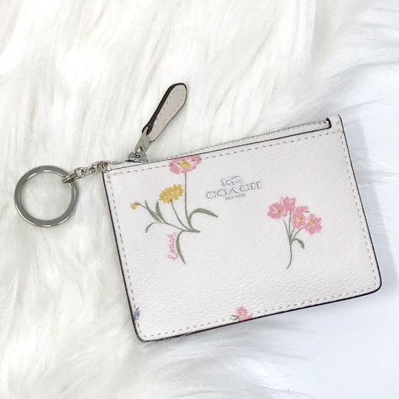 NEW COACH Coin Purse ID MINI SKINNY Key Chain Chalk w//Flowers F73355
